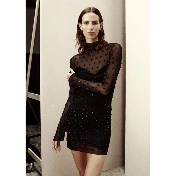 H&M Studio 2023 Beaded Mesh Mini Dress Long Sleeve Party Cocktail Mock Neck - Picture 1 of 14